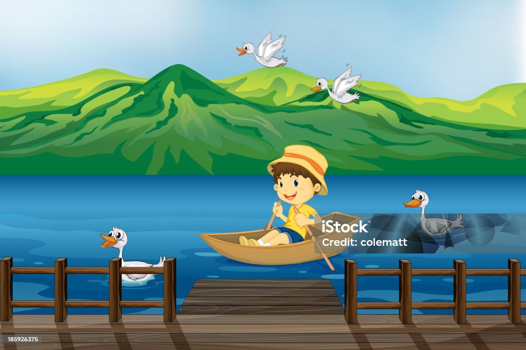Chłopiec konna na drewnianej łodzi - Grafika wektorowa royalty-free (Ilustracja)