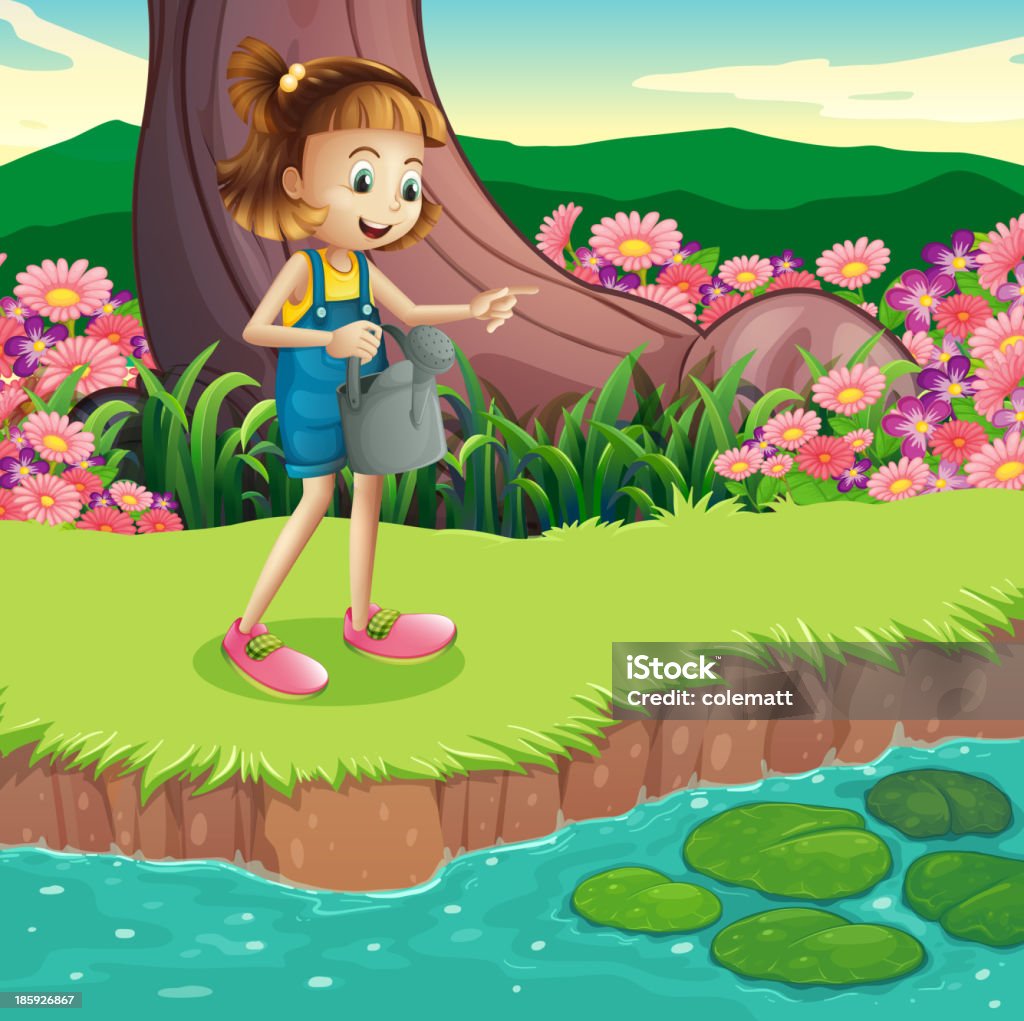 Молодая девушка, стоя на берегу реки, держащий Разбрызгиватель - Векторная графика Берег реки роялти-фри