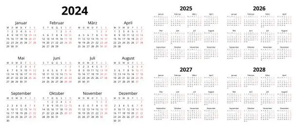 Vector illustration of 2024, 2025, 2026, 2027, 2028 german calendars. Printable vector illustration set for Germany.