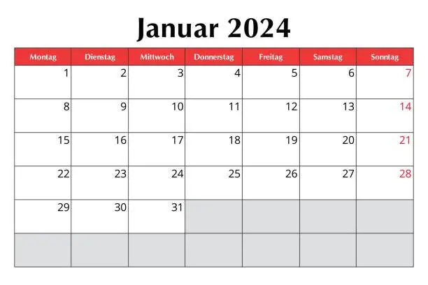 Vector illustration of January 2024 GERMAN calendar. Vector editable illustration. Monthly planning for business in Germany