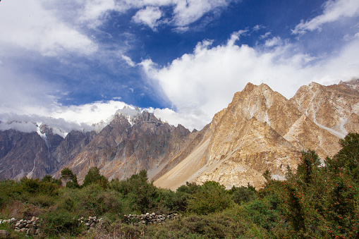 Passu Cones mountain seen from Hussaini Village in Hunza Pakistan