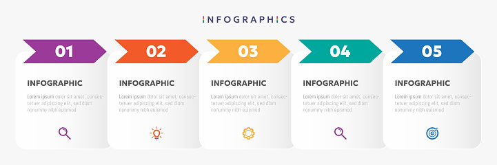 Modern business infographic template with arrows and 5 options or step icons.