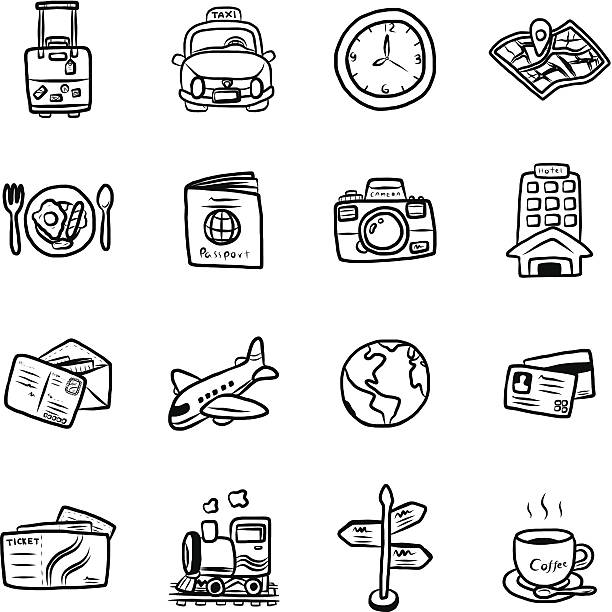 Black and white illustrated travel symbols travel and transportation objects or icons / cartoon vector and illustration, hand drawn style, isolated on white background. journey drawings stock illustrations