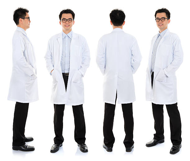 Asian male beauty therapist in beautician uniform Full body Asian male beauty therapist in beautician uniform with confident smile, standing in different angle, front, back and side, isolated on white background. aesthetician photos stock pictures, royalty-free photos & images