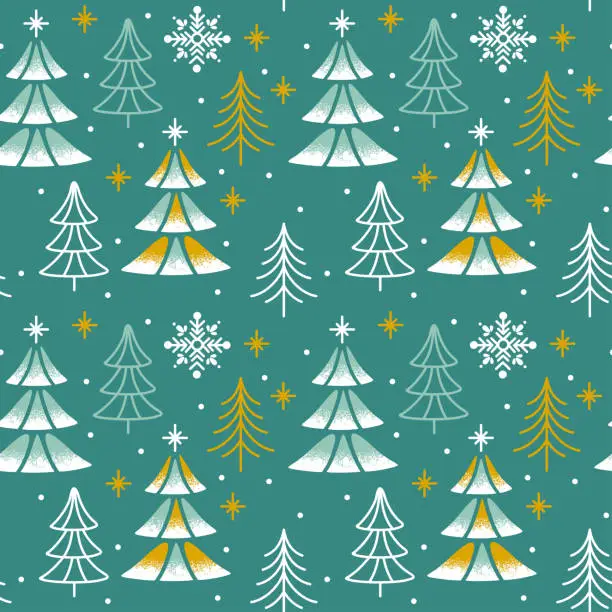 Vector illustration of Christmas tree on the green background. Winter forest. Seamless pattern.