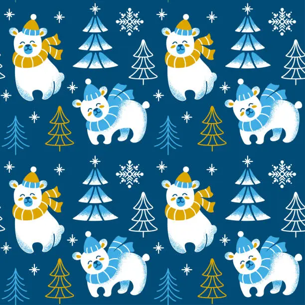 Vector illustration of Cute bear in a knitted hat and scarf in the winter forest. Seamless pattern.