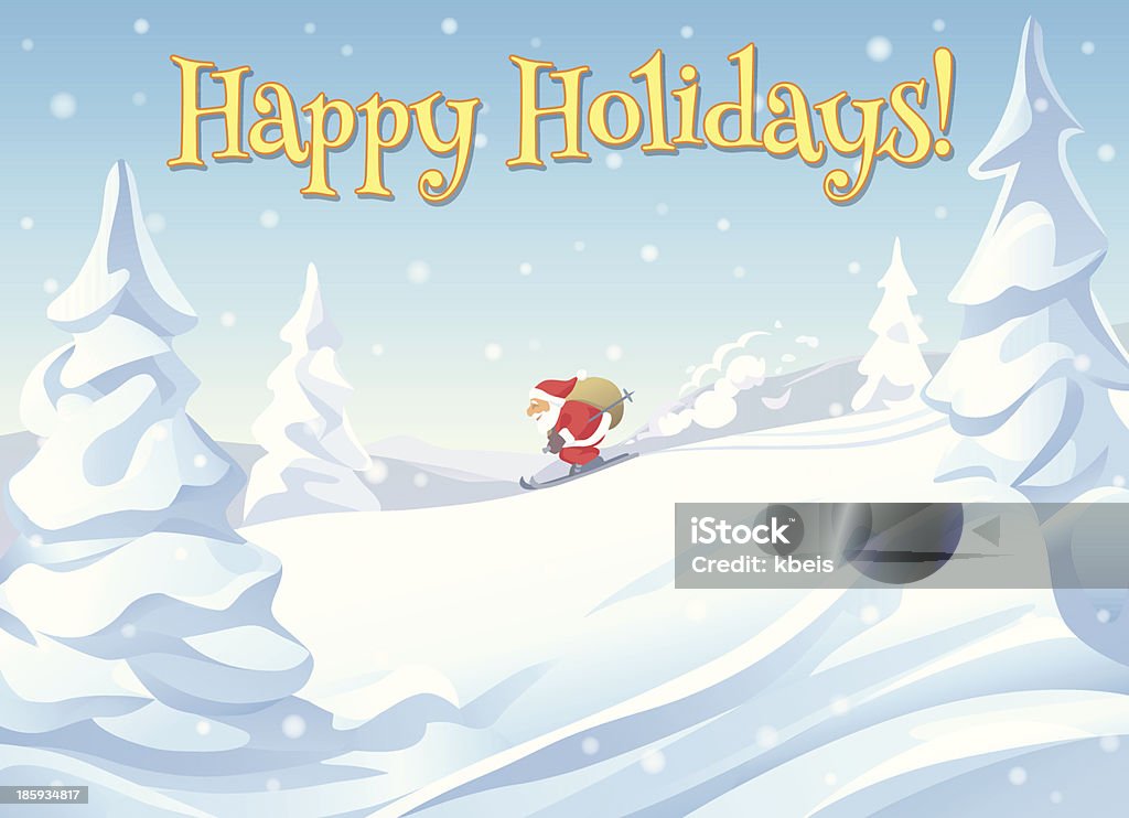 Skiing Santa Santa Claus skiing down a hill. Christmas greeting card with text "Happy Holidays". EPS 10- image contains transparencies. Landscape - Scenery stock vector