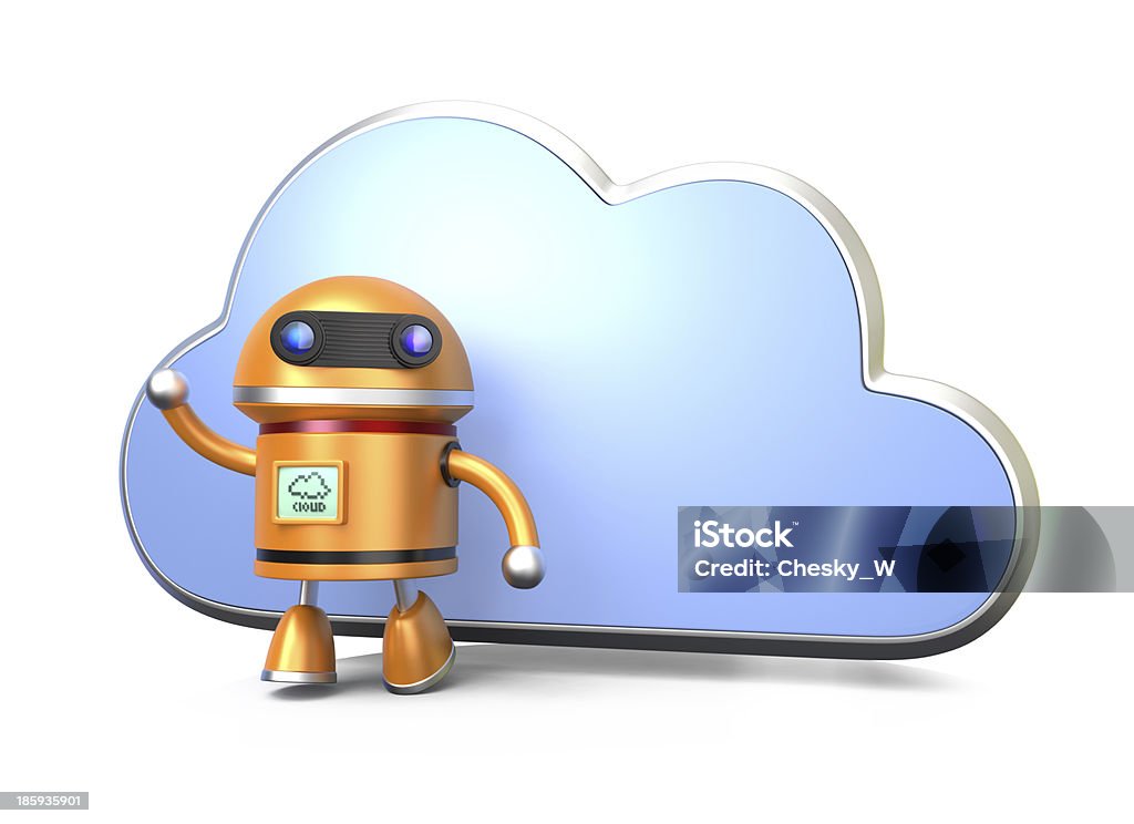 Robot and cloud computing technology Cute robot show cloud computing technology. Characters Stock Photo