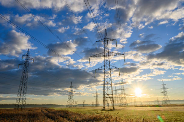 istock Electric power lines at sunrise 1859359595