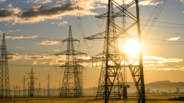 istock Electric power lines at sunrise 1859360114
