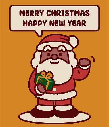 Cute Christmas Characters Vector Art Illustration.
Adorable Black Santa Claus with Christmas presents wishes you a Merry Christmas and a Happy New Year.