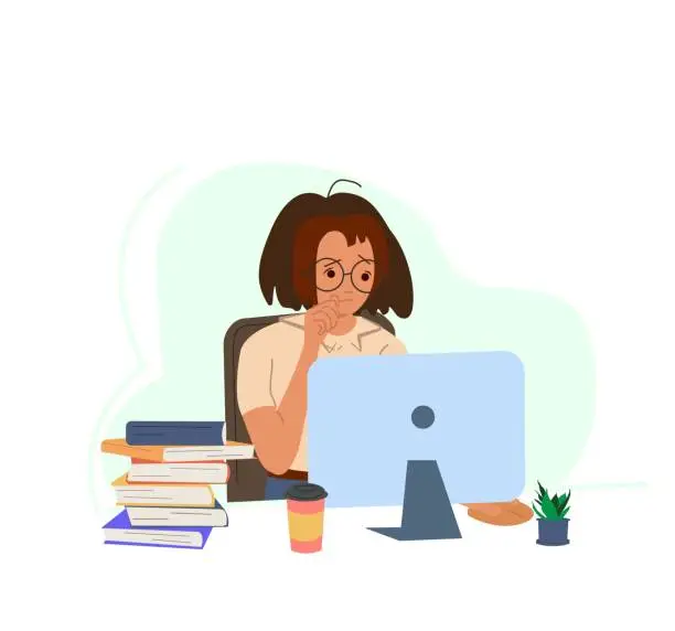 Vector illustration of Young girl sits at workplace and cries. Cute woman has learning problems.