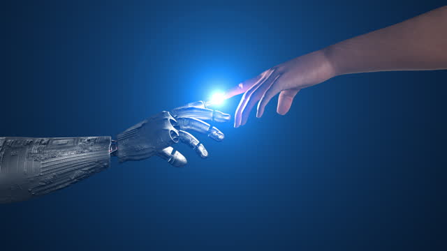 AI Robot and Human Connection. Future Touchpoint. Shiny Laser Lights.