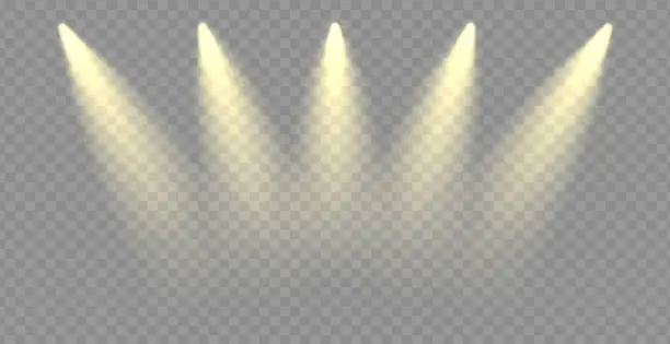Vector illustration of Vector rays of light flare effect. Cinema beam illuminate empty interior. Spotlight shine golden beams. Warm projector png stage award ceremony