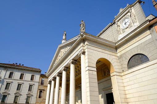 Cremona, Italy about September 2021. Neoclassical temple facade with marble columns. Church of S. Agata in Cremona in Corso Garibaldi designed by the architect Luigi Voghera.  Stock photos.