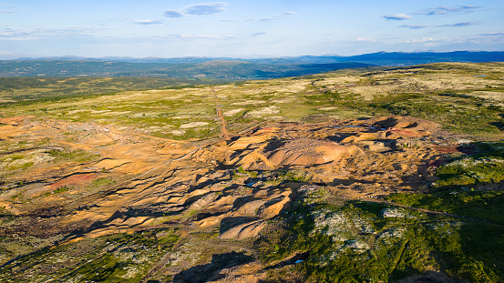 Aerial view of historic Kongens Gruve iron mine, today a sightseeing attraction and part of Røros Unesco heritage