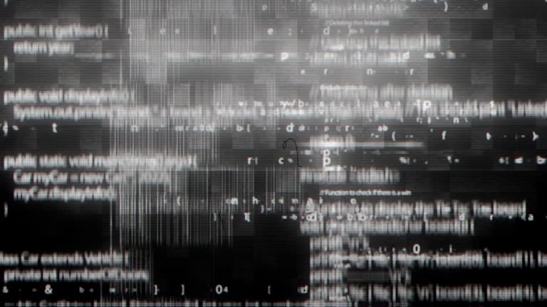 Glitch noise program code computer monitor screen VFX. Visual video loop screen signal glitch effect.