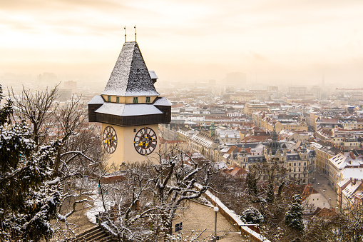 The Uhrturm at the Schloßberg hill, the landmark of the UNESCO heritage city of Graz in Austria