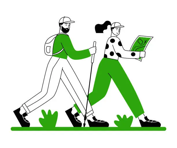 Vector illustration of Couple walking with trekking poles, backpack and map