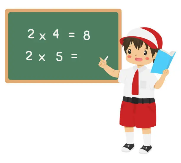 Vector illustration of Indonesian Student Boy Pointing to Chalkboard Board Character Vector