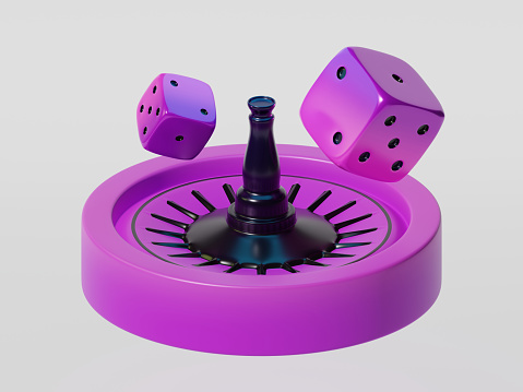 Purple casino dices wheeling over roulette with clipping path on white background