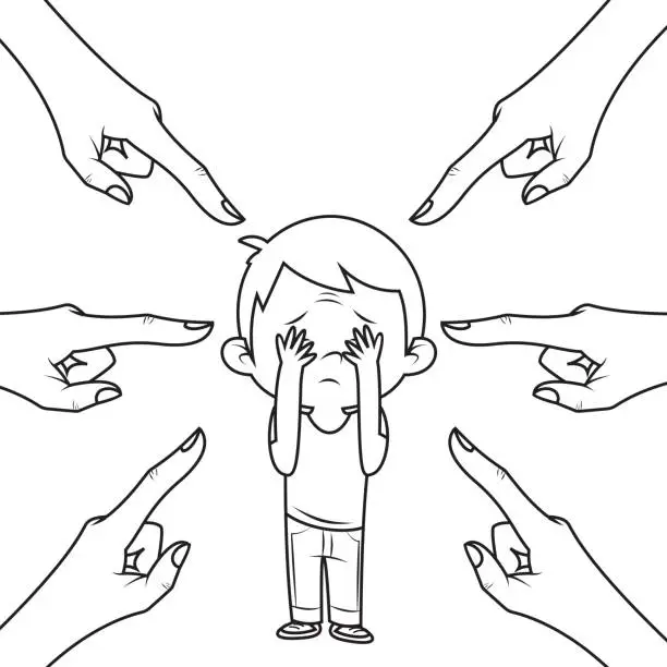 Vector illustration of Sad or depressed a Little Kid surrounded by hands with index fingers pointing at him. Victim blaming concept. Black And White.