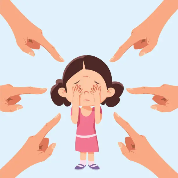 Vector illustration of Sad or depressed little girl surrounded by hands, index fingers pointing at her. Concept of blaming the victim.