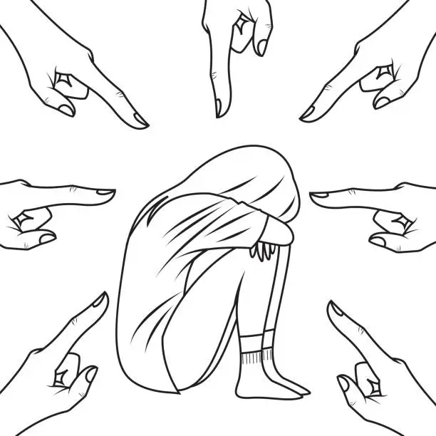 Vector illustration of Sad or depressed young woman surrounded by hands with index fingers pointing at her. Victim blaming concept. Black And White.