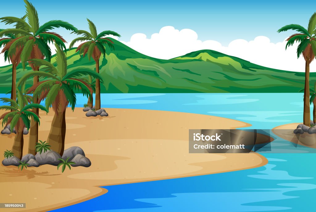 Playa con palmeras - arte vectorial de Agua libre de derechos