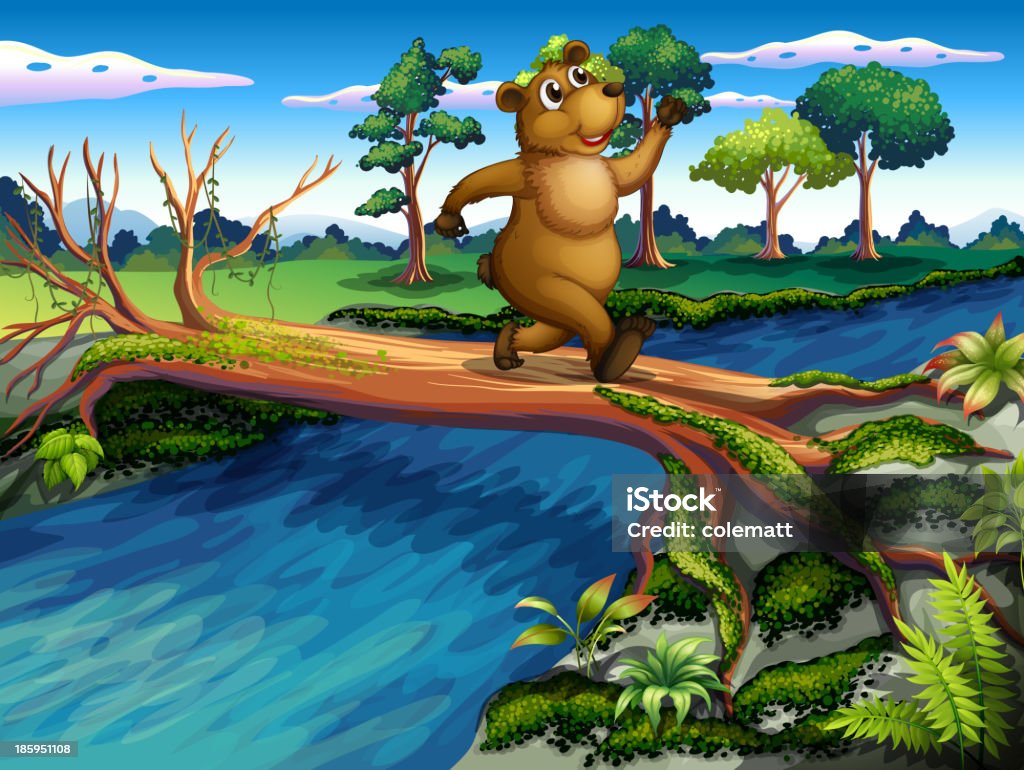 bear running while crossing the river Bridge - Built Structure stock vector