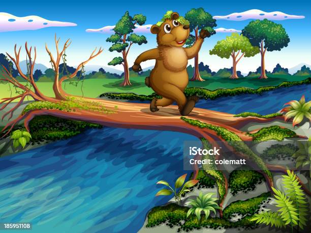 Bear Running While Crossing The River Stock Illustration - Download Image Now - Bridge - Built Structure, Log, Algae