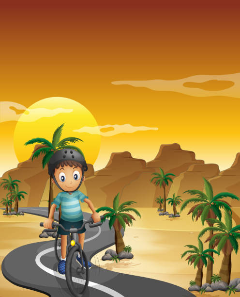 ilustrações, clipart, desenhos animados e ícones de menino viajando com sua bicicleta - footpath single lane road green tree