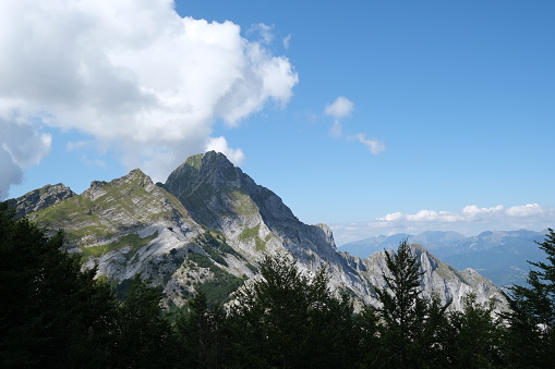 Mountains of the Apuan Alps between Monte Pisanino and Monte Cavallo. The fronds of the green trees contrast with the blue of the sky and the clouds. On the side of the Garfagnana delle Apuane there are numerous white marble quarries. The excavation is producing an environmental disaster as the mountains are destroyed to extract the marble. Foto stock royalty free. Alpi Apuane, Garfagnana, Italy.