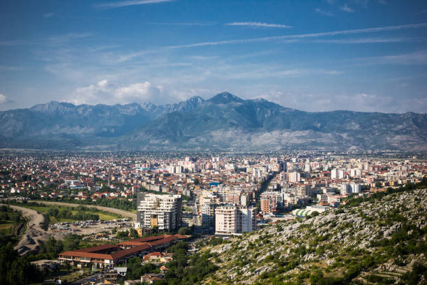 istock Shkoder city panoramic view. Top view of cityscape from high mountain. Albania beautiful landscape. 1859524266