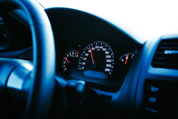 istock Driving car background. Speedometer speed limit indicator symbol. Dark elegant luxury car steering wheel. 1859527371