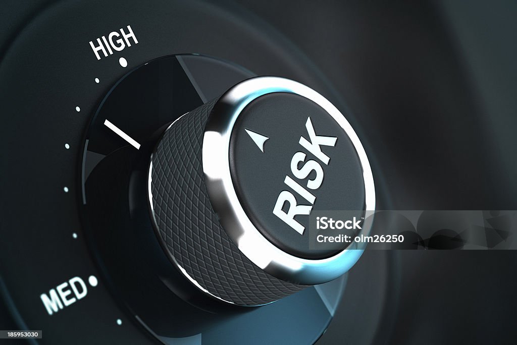 Decision Making Process, Risk Management Button with the word risk pointing between medium and high level, 3D render suitable for risk management or decision-making process situation. Depth of field. Risk Stock Photo
