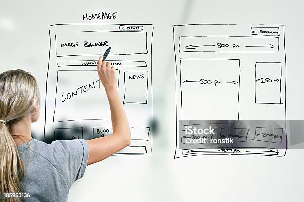 Designer Drawing Website Development Wireframe Stock Photo - Download Image Now - Website Wireframe, Whiteboard - Visual Aid, People
