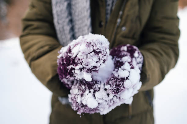 A close up view of an unrecognizable Caucasian female having fun on the snow.