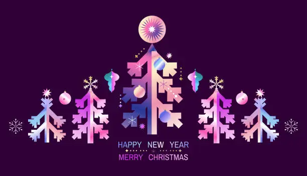 Vector illustration of Merry Christmas and Happy New Year 2024  holiday template  neon bauhaus golden design banner