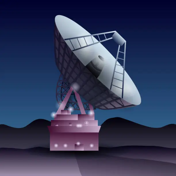 Vector illustration of Illustration of a satellite dish or electronic telescope pointing into the sky at the stars.