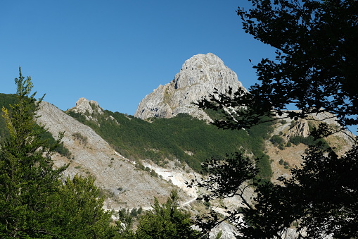 Mountain landscape in Tuscany.  Monte Pizzo d'Uccello in the Apuan Alps and  forest.  Stock photos. Carrara, Tuscany, Italy