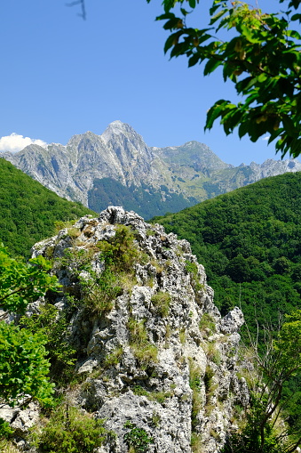 Panorama of mountains.  Pizzo d'Uccello, Monte Sagro and the Apuan Alps between green woods and blue sky.  Foto stock royalty free. Apuan Alps, Tuscany, Italy.