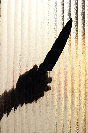 This haunting image captures a moment of palpable tension as a menacing shadow looms behind frosted glass, clutching a knife with ominous intent. The obscured figure casts an aura of danger and stealth, its presence evoking fear and apprehension. The glass, though separating the viewer from the obscured threat, offers only a feeble barrier against the palpable sense of impending risk and danger. The play of light and shadow creates a chilling silhouette, heightening the suspense and emphasizing the lurking menace on the other side. This scene portrays an unsettling narrative of hidden aggression and looming peril, leaving the viewer captivated by the eerie and foreboding atmosphere.