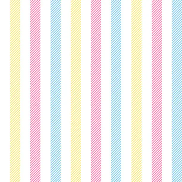 Vector illustration of Pastel yellow, pink, blue vertical striped lines on white background seamless pattern for textile design.