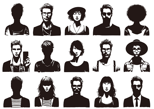 Black and white silhouettes of people set