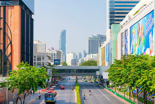 Thailand-May-21: View of Building and sky at Patunwan road on May 21,2023 at Patumwan-Sukhumvit intersection in Bangkok,Thailand
