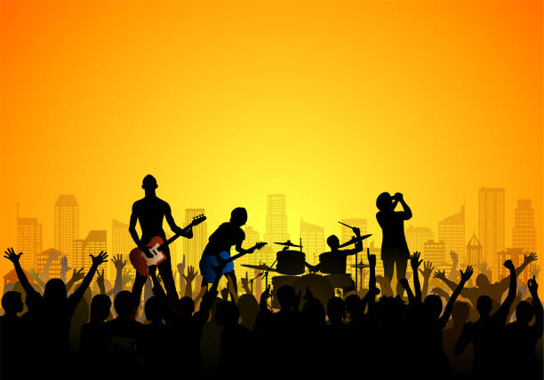 Festival in the City (Each Person is Complete, Clipping Paths Hide the Legs) Band and festival in the city. Each person is complete, moveable and highly detailed. Clipping paths hide the legs. The buildings are also complete and moveable. music jamming stock illustrations