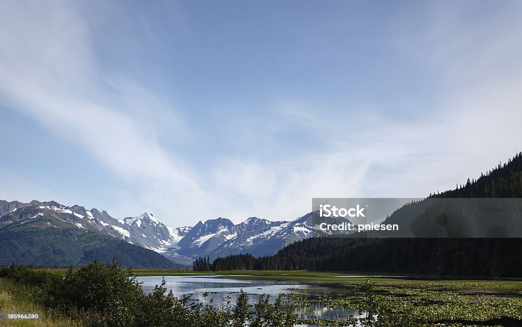 Mountains and glaciers surround lake in valley of Alaska wilderness Mountains and glaciers surround lake in valley in wilderness of Alaska on a sunny summer day Alaska - US State Stock Photo