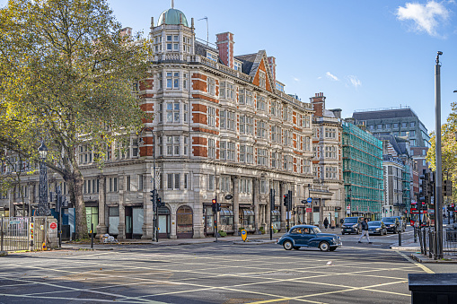 Southampton Row, London, England - November 5th 2023: Traditional English architecture on a sunny autumn day with sparse traffic