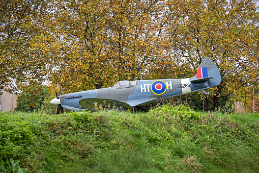 Hendon, London, England - November 4th 2023:  Restored Spitfire put up in the public area as a advertisement for the RAF museum in Hendon